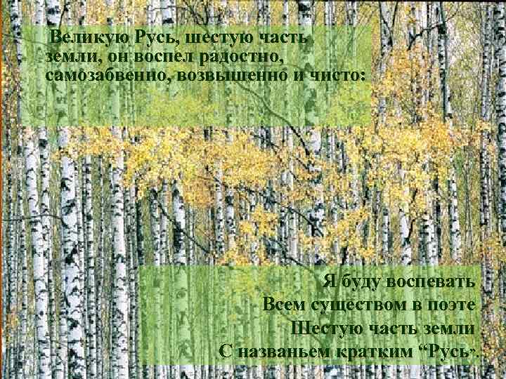 Великую Русь, шестую часть земли, он воспел радостно, самозабвенно, возвышенно и чисто: Я буду