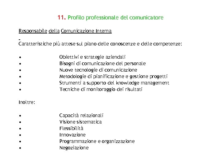 11. Profilo professionale del comunicatore Responsabile della Comunicazione Interna Caratteristiche più attese sul piano