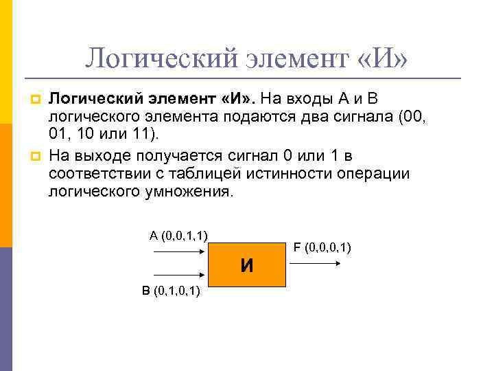 Логический элемент «И» p p Логический элемент «И» . На входы А и В