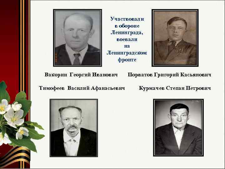 Участвовали в обороне Ленинграда, воевали на Ленинградском фронте Вакорин Георгий Иванович Тимофеев Василий Афанасьевич
