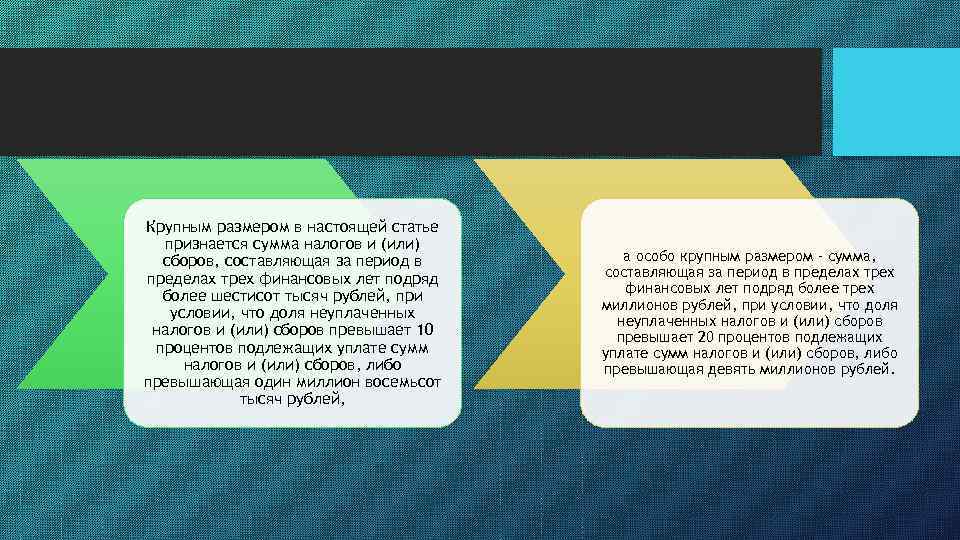Крупным размером в настоящей статье признается сумма налогов и (или) сборов, составляющая за период