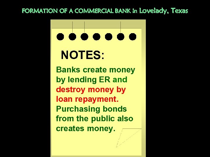 FORMATION OF A COMMERCIAL BANK In Lovelady, NOTES: Banks create money by lending ER