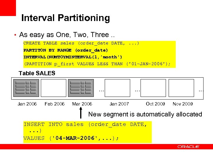 Interval Partitioning • As easy as One, Two, Three. . CREATE TABLE sales (order_date