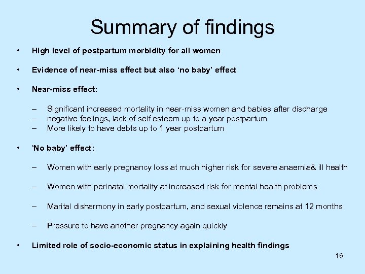 Summary of findings • High level of postpartum morbidity for all women • Evidence
