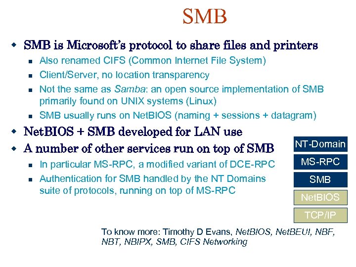 SMB is Microsoft’s protocol to share files and printers Also renamed CIFS (Common Internet