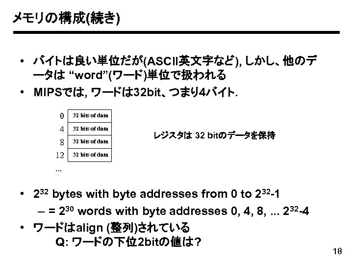 メモリの構成(続き) • バイトは良い単位だが(ASCII英文字など), しかし、他のデ ータは “word”(ワード)単位で扱われる • MIPSでは, ワードは 32 bit、つまり4バイト. 0 4 8