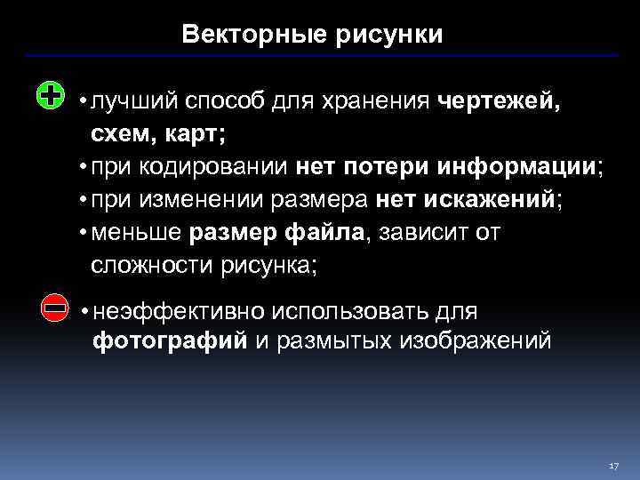 Векторные рисунки • лучший способ для хранения чертежей, схем, карт; • при кодировании нет