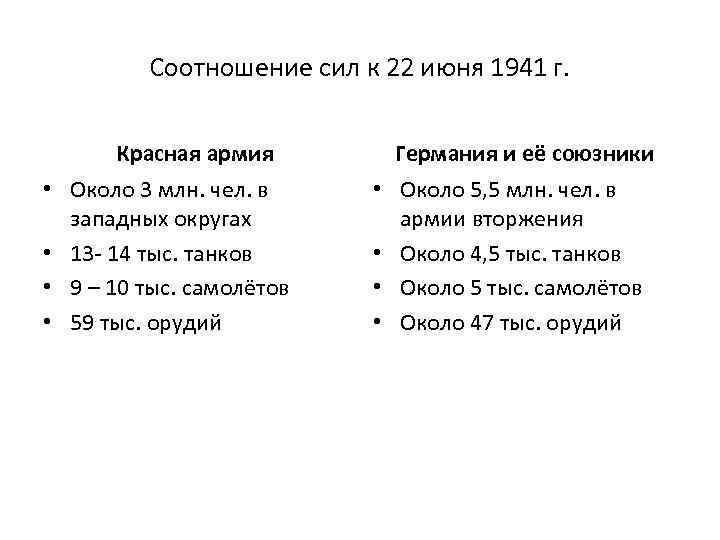 Соотношение сил к 22 июня 1941 г. Красная армия • Около 3 млн. чел.