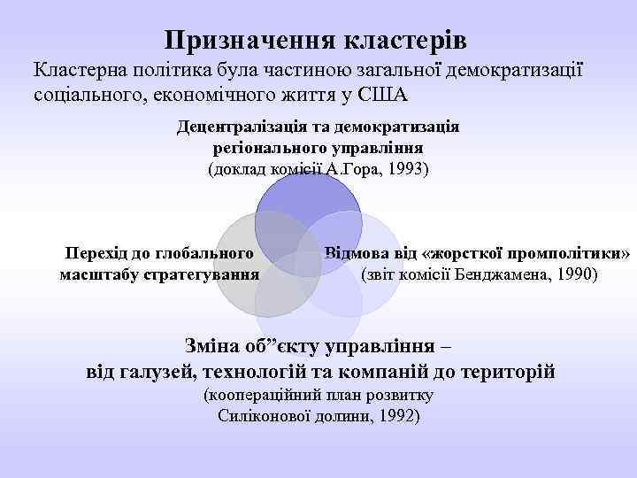 Призначення кластерів Кластерна політика була частиною загальної демократизації соціального, економічного життя у США Децентралізація