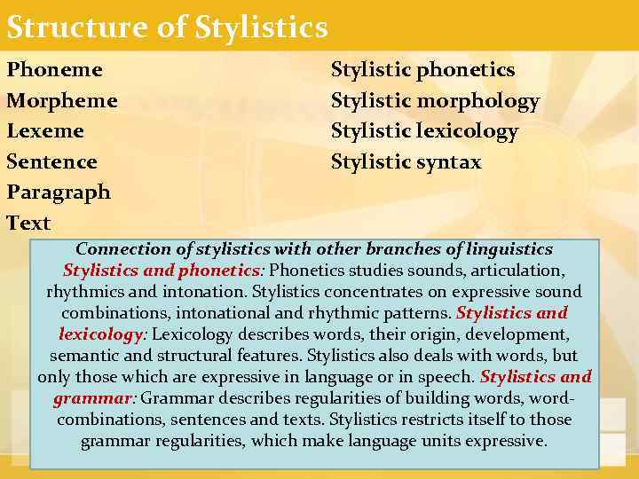 Structure of Stylistics Phoneme Morpheme Lexeme Sentence Paragraph Text Stylistic phonetics Stylistic morphology Stylistic