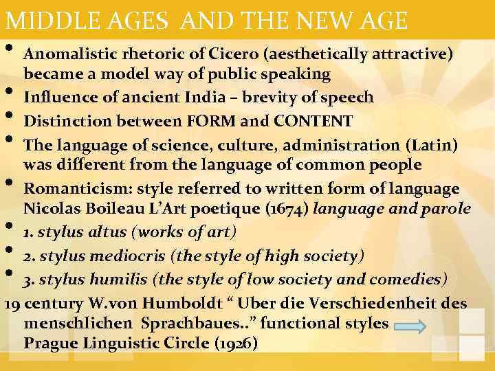 MIDDLE AGES AND THE NEW AGE • Anomalistic rhetoric of Cicero (aesthetically attractive) became