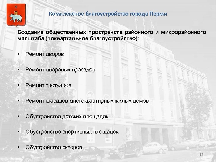 Комплексное благоустройство города Перми Создание общественных пространств районного и микрорайонного масштаба (поквартальное благоустройство): •