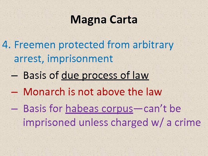 Magna Carta 4. Freemen protected from arbitrary arrest, imprisonment – Basis of due process