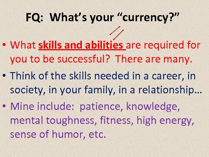 FQ: What’s your “currency? ” • What skills and abilities are required for you