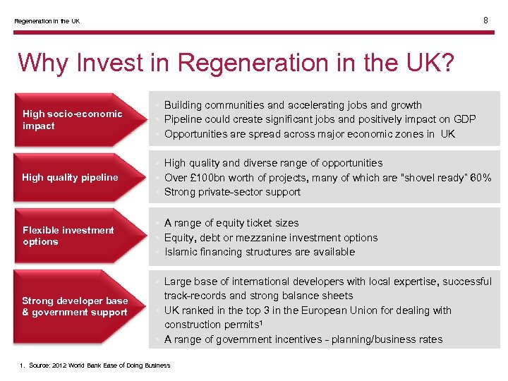 8 Regeneration in the UK Why Invest in Regeneration in the UK? High socio-economic