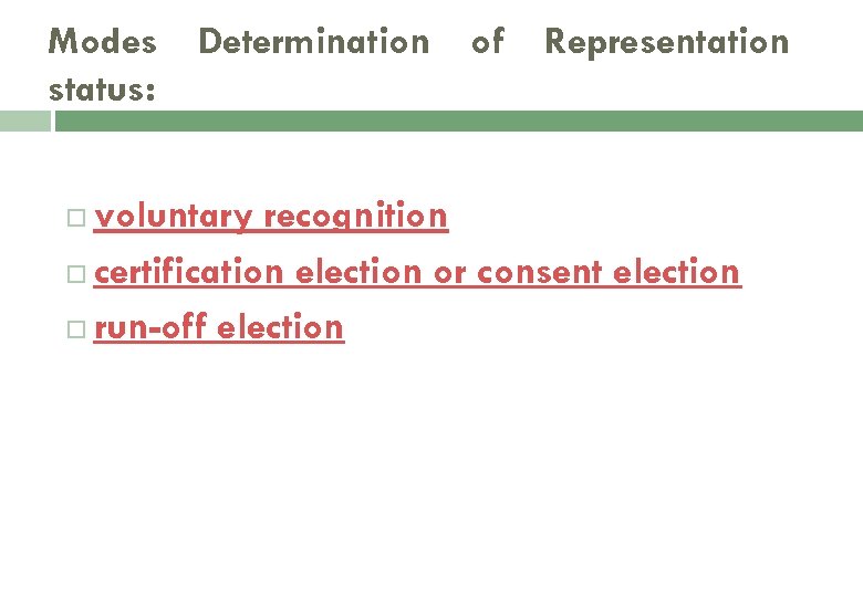 Modes status: Determination of Representation voluntary recognition certification election or consent election run-off election