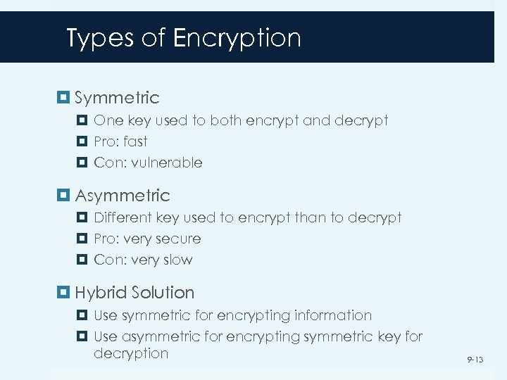 Types of Encryption Symmetric One key used to both encrypt and decrypt Pro: fast