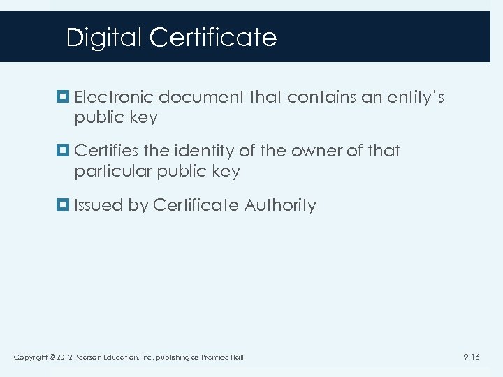 Digital Certificate Electronic document that contains an entity’s public key Certifies the identity of