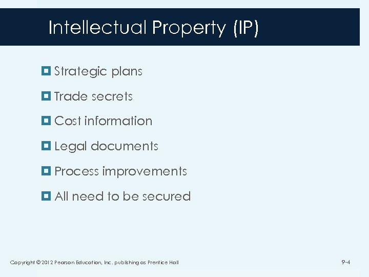 Intellectual Property (IP) Strategic plans Trade secrets Cost information Legal documents Process improvements All