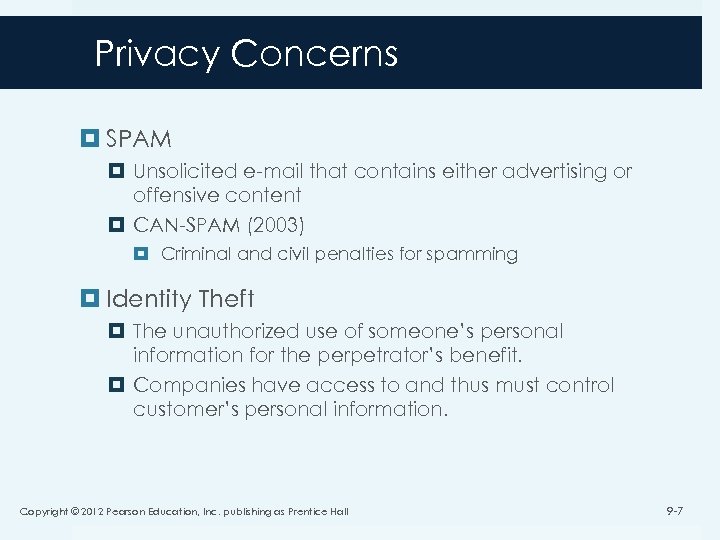 Privacy Concerns SPAM Unsolicited e-mail that contains either advertising or offensive content CAN-SPAM (2003)