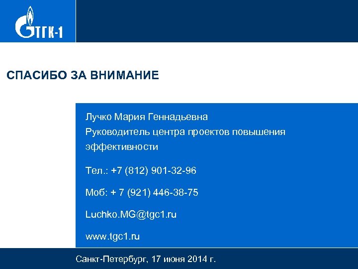 СПАСИБО ЗА ВНИМАНИЕ Лучко Мария Геннадьевна Руководитель центра проектов повышения эффективности Тел. : +7