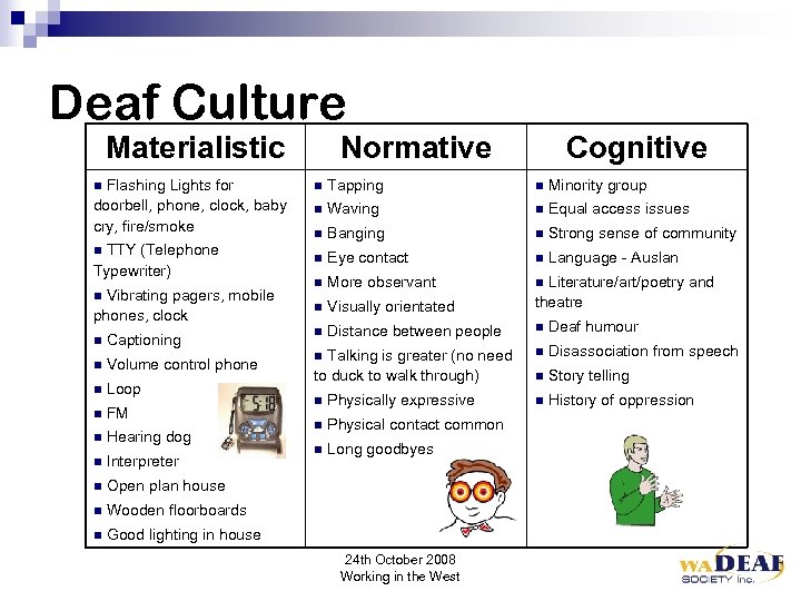 Deaf Culture Materialistic Flashing Lights for doorbell, phone, clock, baby cry, fire/smoke Normative Cognitive