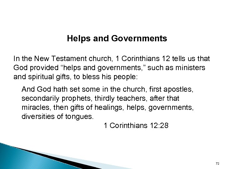 Helps and Governments In the New Testament church, 1 Corinthians 12 tells us that