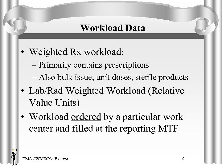 Workload Data • Weighted Rx workload: – Primarily contains prescriptions – Also bulk issue,
