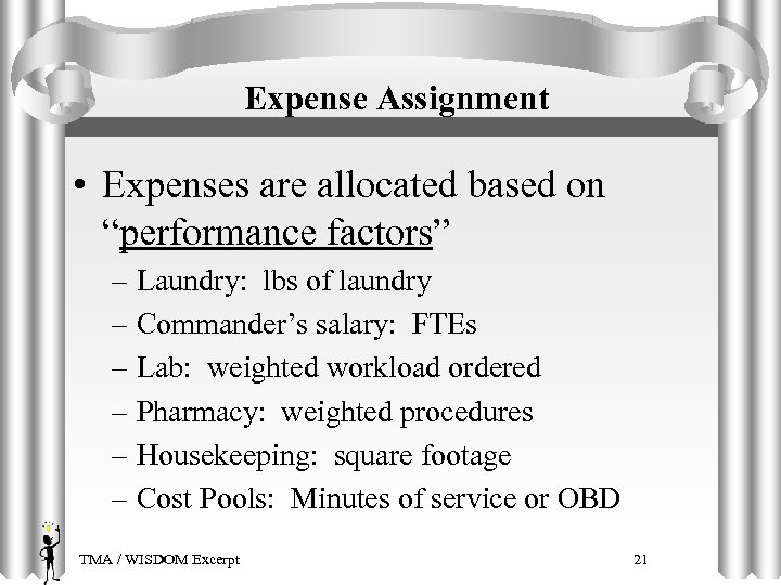 Expense Assignment • Expenses are allocated based on “performance factors” – Laundry: lbs of