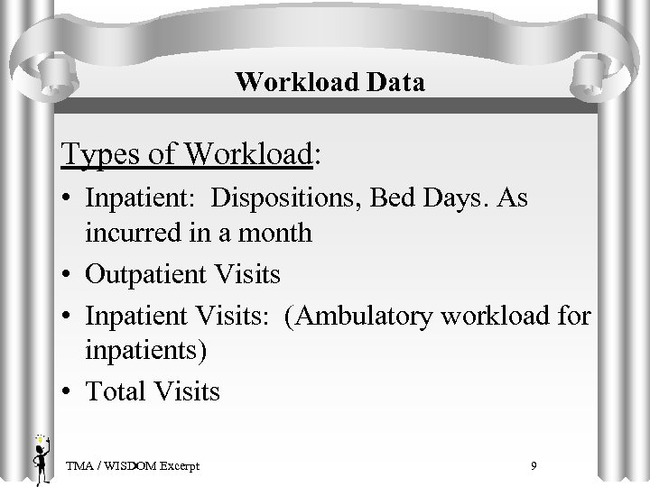 Workload Data Types of Workload: • Inpatient: Dispositions, Bed Days. As incurred in a