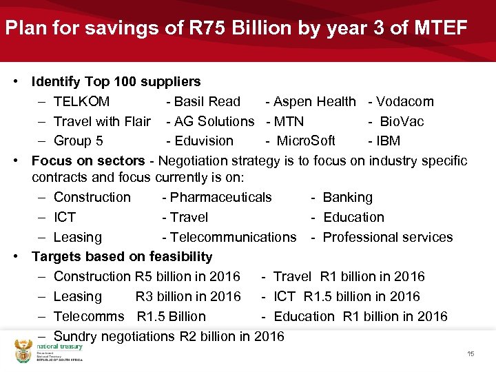 Plan for savings of R 75 Billion by year 3 of MTEF • Identify