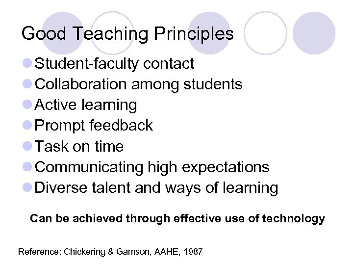 Good Teaching Principles l Student-faculty contact l Collaboration among students l Active learning l