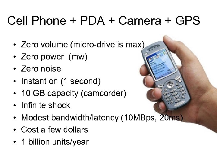 Cell Phone + PDA + Camera + GPS • • • Zero volume (micro-drive