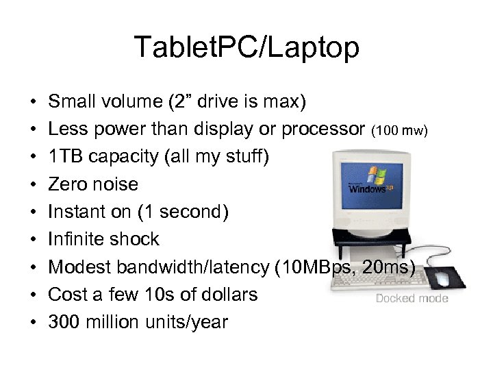 Tablet. PC/Laptop • • • Small volume (2” drive is max) Less power than