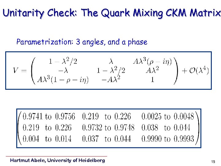 Unitarity Check: The Quark Mixing CKM Matrix Parametrization: 3 angles, and a phase Hartmut