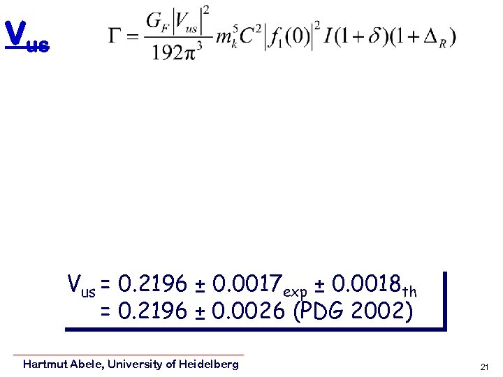 Vus = 0. 2196 ± 0. 0017 exp ± 0. 0018 th = 0.