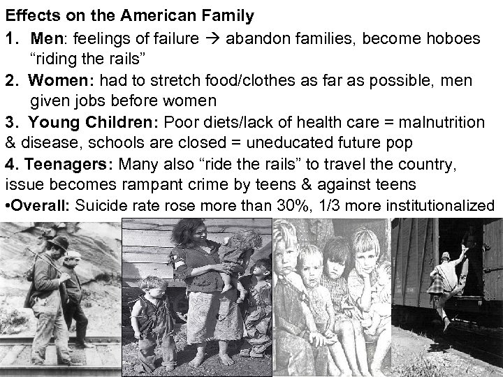 Effects on the American Family 1. Men: feelings of failure abandon families, become hoboes