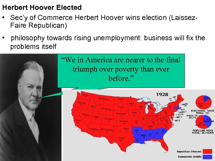 Herbert Hoover Elected • Sec’y of Commerce Herbert Hoover wins election (Laissez. Faire Republican)