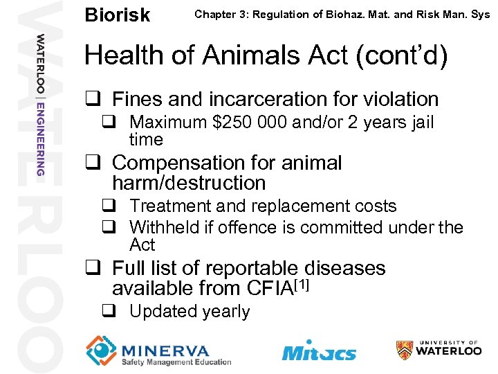 Biorisk Chapter 3: Regulation of Biohaz. Mat. and Risk Man. Sys Health of Animals