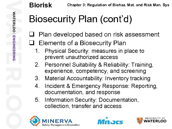 Biorisk 41 Chapter 3: Regulation of Biohaz. Mat. and Risk Man. Sys Biosecurity Plan