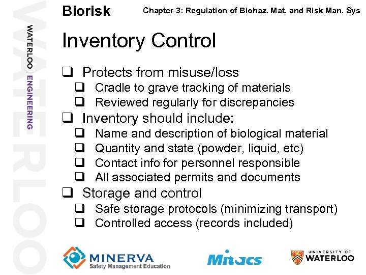 Biorisk 47 Chapter 3: Regulation of Biohaz. Mat. and Risk Man. Sys Inventory Control