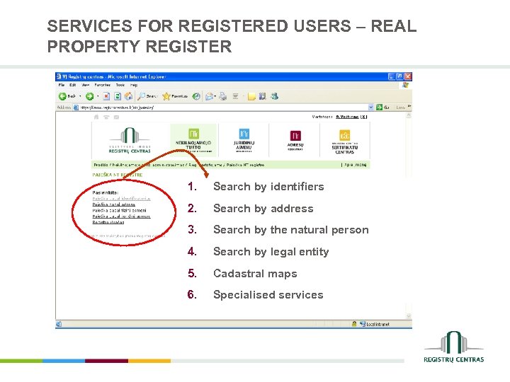 SERVICES FOR REGISTERED USERS – REAL PROPERTY REGISTER 1. Search by identifiers 2. Search