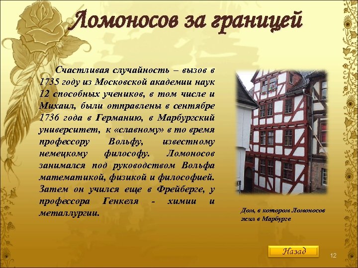 Ломоносов за границей Cчастливая случайность – вызов в 1735 году из Московской академии наук