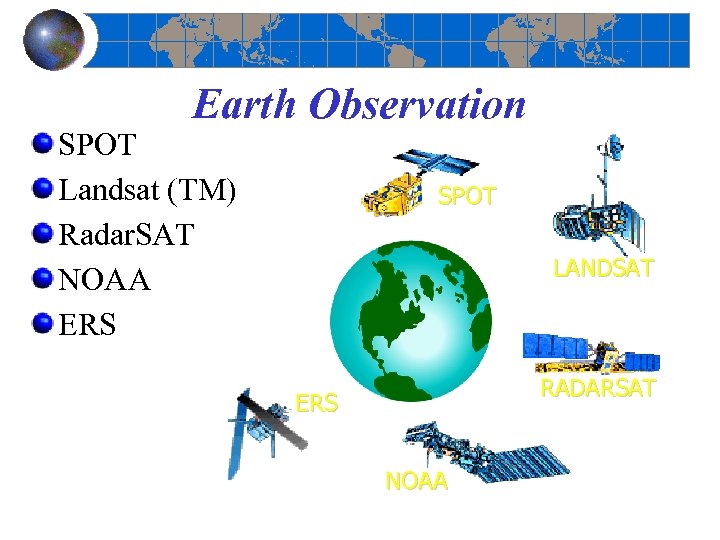 Earth Observation SPOT Landsat (TM) Radar. SAT NOAA ERS SPOT LANDSAT RADARSAT ERS NOAA