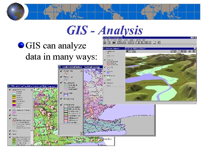 GIS - Analysis GIS can analyze data in many ways: 