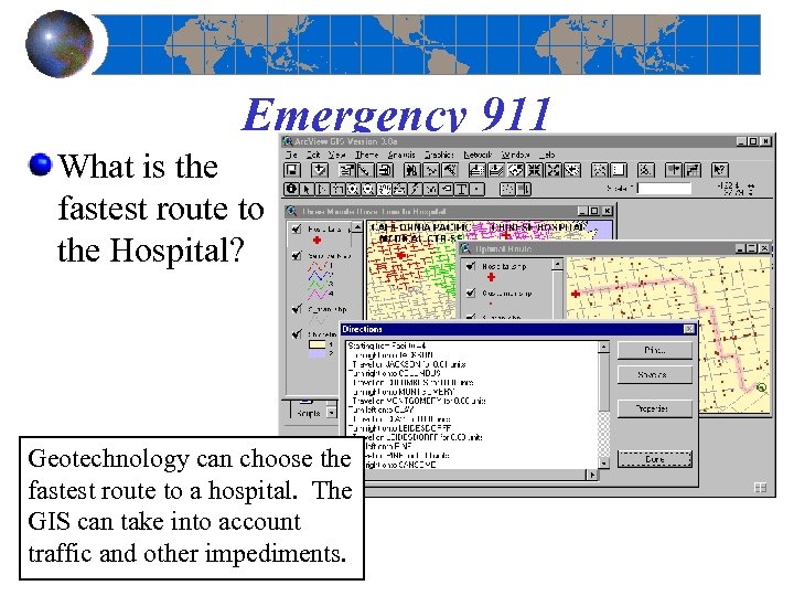 Emergency 911 What is the fastest route to the Hospital? Geotechnology can choose the