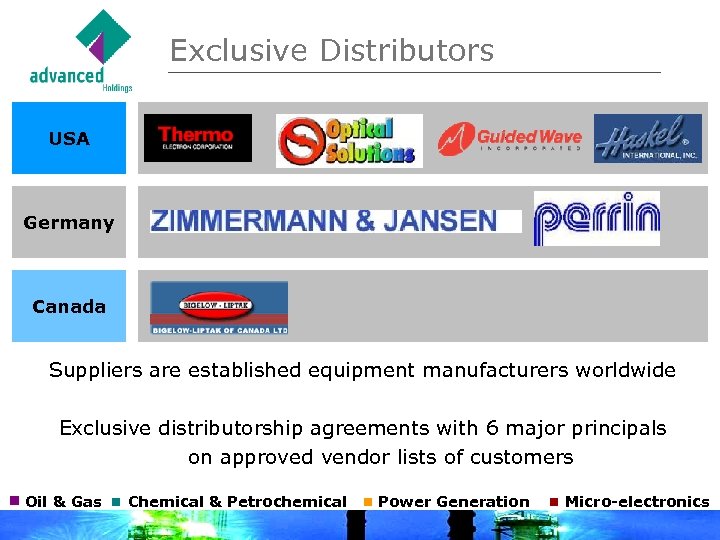 Exclusive Distributors USA Germany Canada Suppliers are established equipment manufacturers worldwide Exclusive distributorship agreements