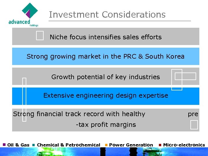 Investment Considerations Niche focus intensifies sales efforts Strong growing market in the PRC &