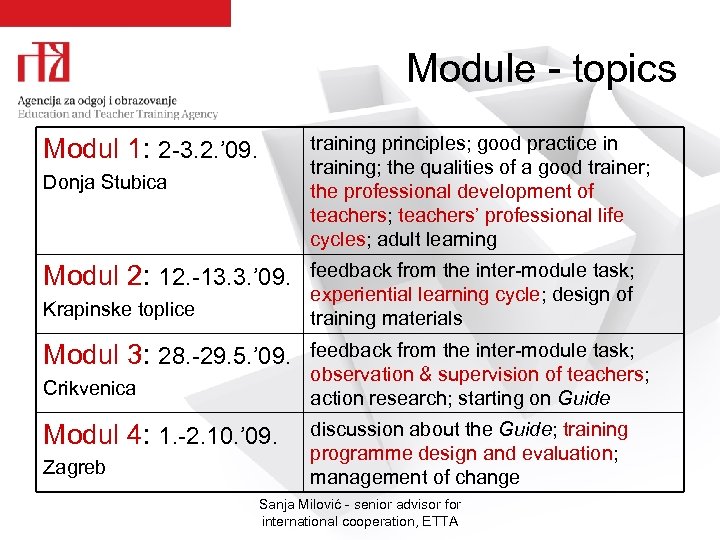 Module - topics training principles; good practice in training; the qualities of a good