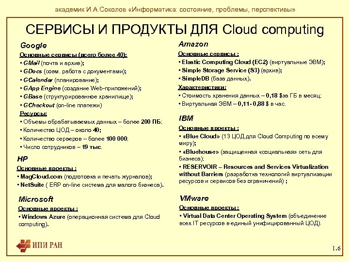академик И. А. Соколов «Информатика: состояние, проблемы, перспективы» СЕРВИСЫ И ПРОДУКТЫ ДЛЯ Cloud computing